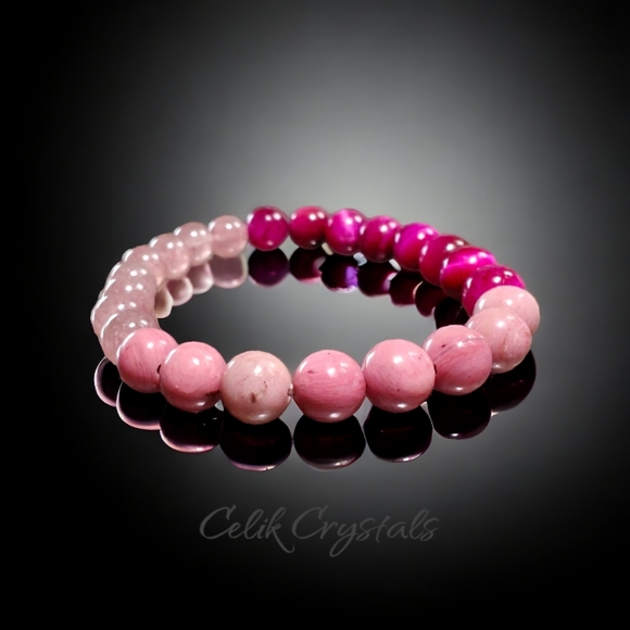 Pink Tiger Eye, Rhodonite & Strawberry Quartz Bracelet Stretches - Picture 2 of 6